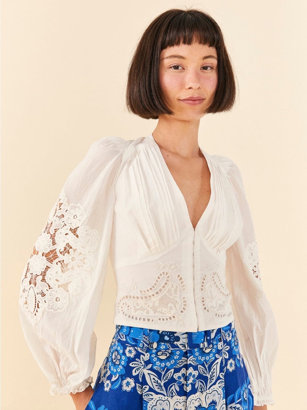 FARM Rio White Embroidered V-Neck Peasant Blouse - Picture 4 of 12